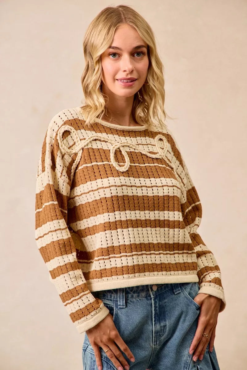 BiBi Womens Brown Striped Open Knit Sweater Top with Front Braided Detail BROWN 9857cae21b574a84a2115206753c3808-Max-Origin Trendsi