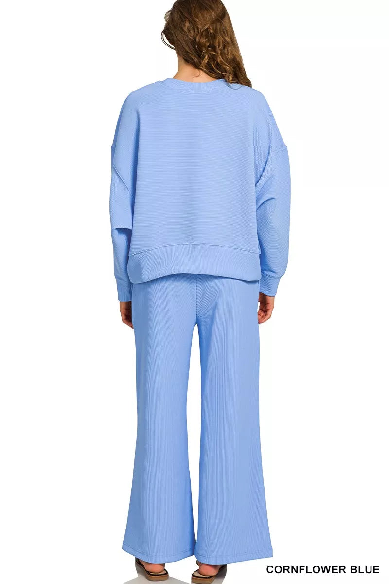 Zenana Ribbed Set Blue Round Neck Pullover and Drawstring Pants 9857eaacde5240ff988165418470523a-Max-Origin Trendsi