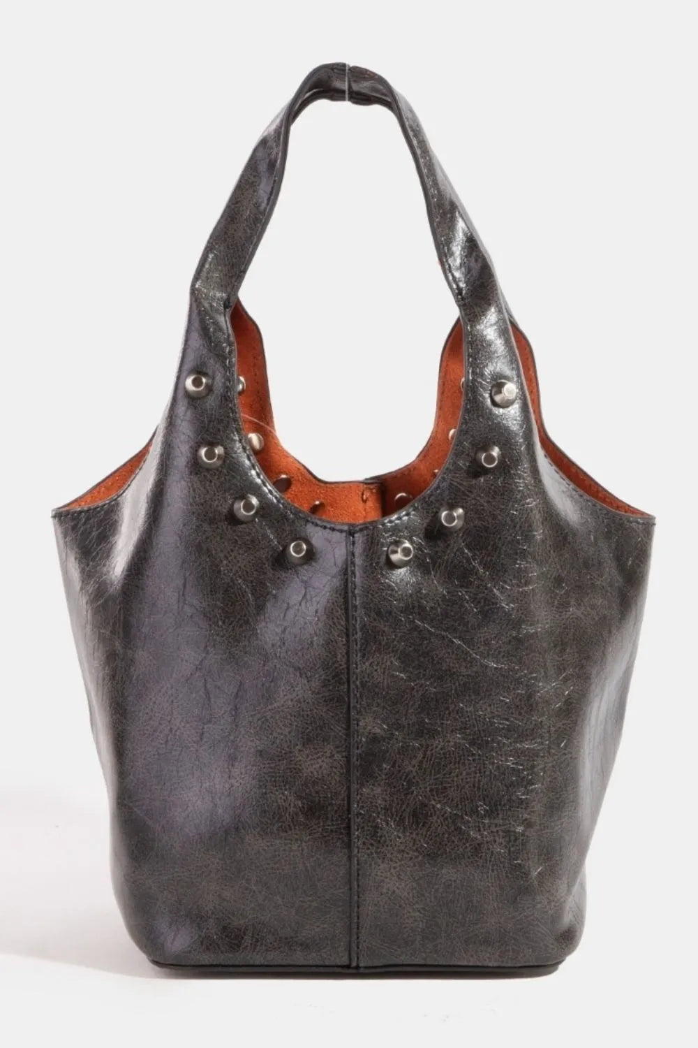 Women's Bucket Bag Fame Black Weathered Faux Leather And Studs Medium BK One Size 98661f4b-f6a3-419b-b565-461b1e70be33-Max-Origin Trendsi
