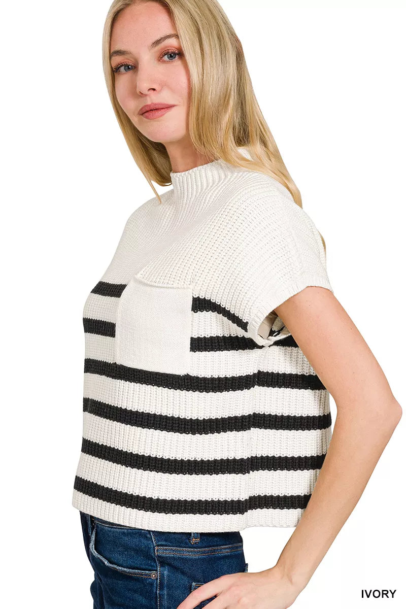 Zenana Womens Sweater Ivory Stripe Short Sleeve Ribbed Pullover with Pocket 986820a0-09d1-4b0a-a8bb-9f1f73efe868-Max-Origin Trendsi
