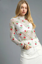 Umgee Blouse Mesh Floral White Mock Neck Long Sleeve Sheer Top White 98704a27-386a-4e40-b666-ec6fd7d7482d-Max-Origin Trendsi
