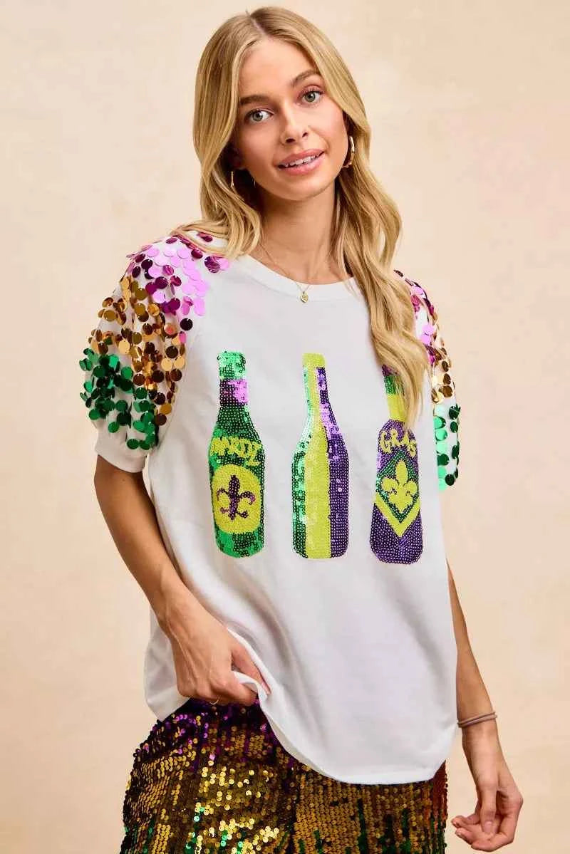 BiBi Sequin Mardi Gras Bottles Spangled Sleeve Top