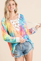BiBi Tie Dye Womens Top Deep V-neck Blouse With Lace Up Front 987efd511d4b4f70974ece8ed0148da2-Max-Origin Trendsi