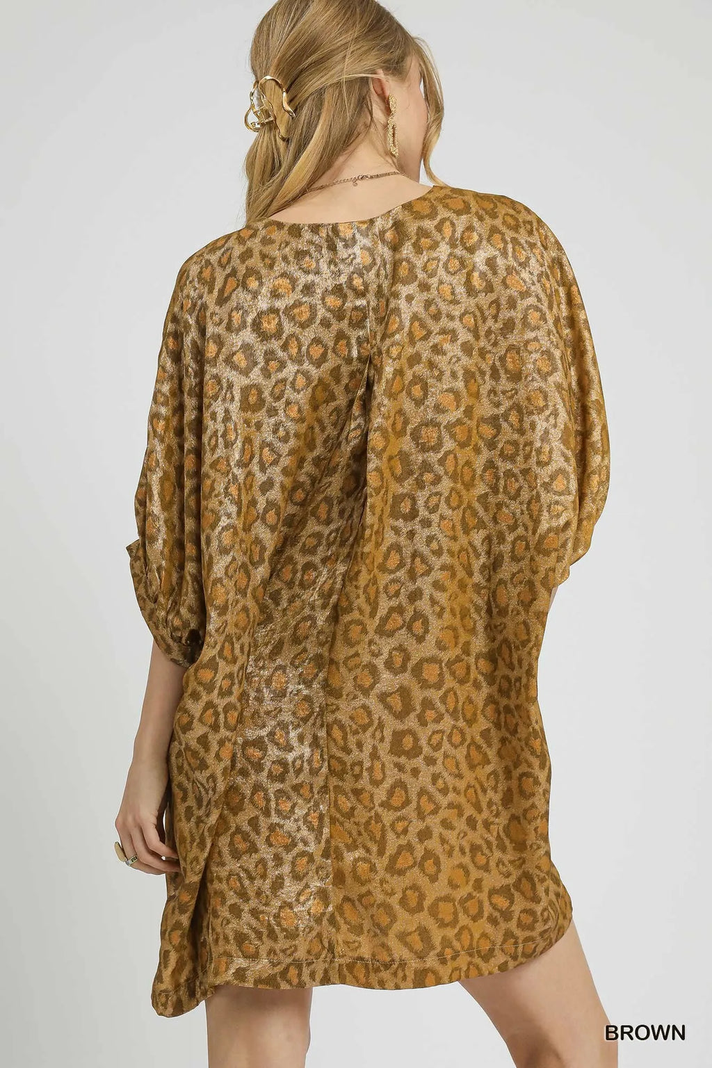 Umgee Kimono Dress Metallic Leopard Print Brown V-Neck Oversized 9881e9bf-3808-4d36-abef-3069d878c9a2-Max-Origin Trendsi