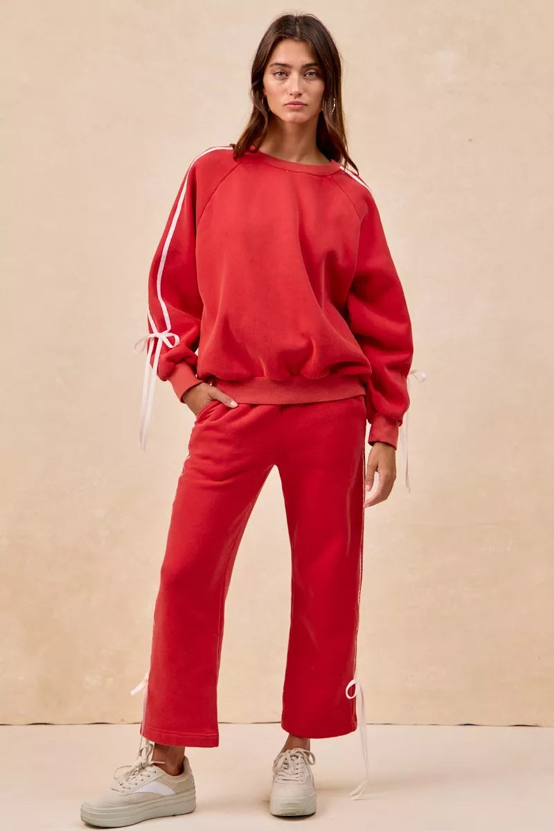 BiBi Womens Fleece Sweatshirt Red Side Lined Bow Details Top 98848a6b639047edad9d02a064f2ea71-Max-Origin Trendsi