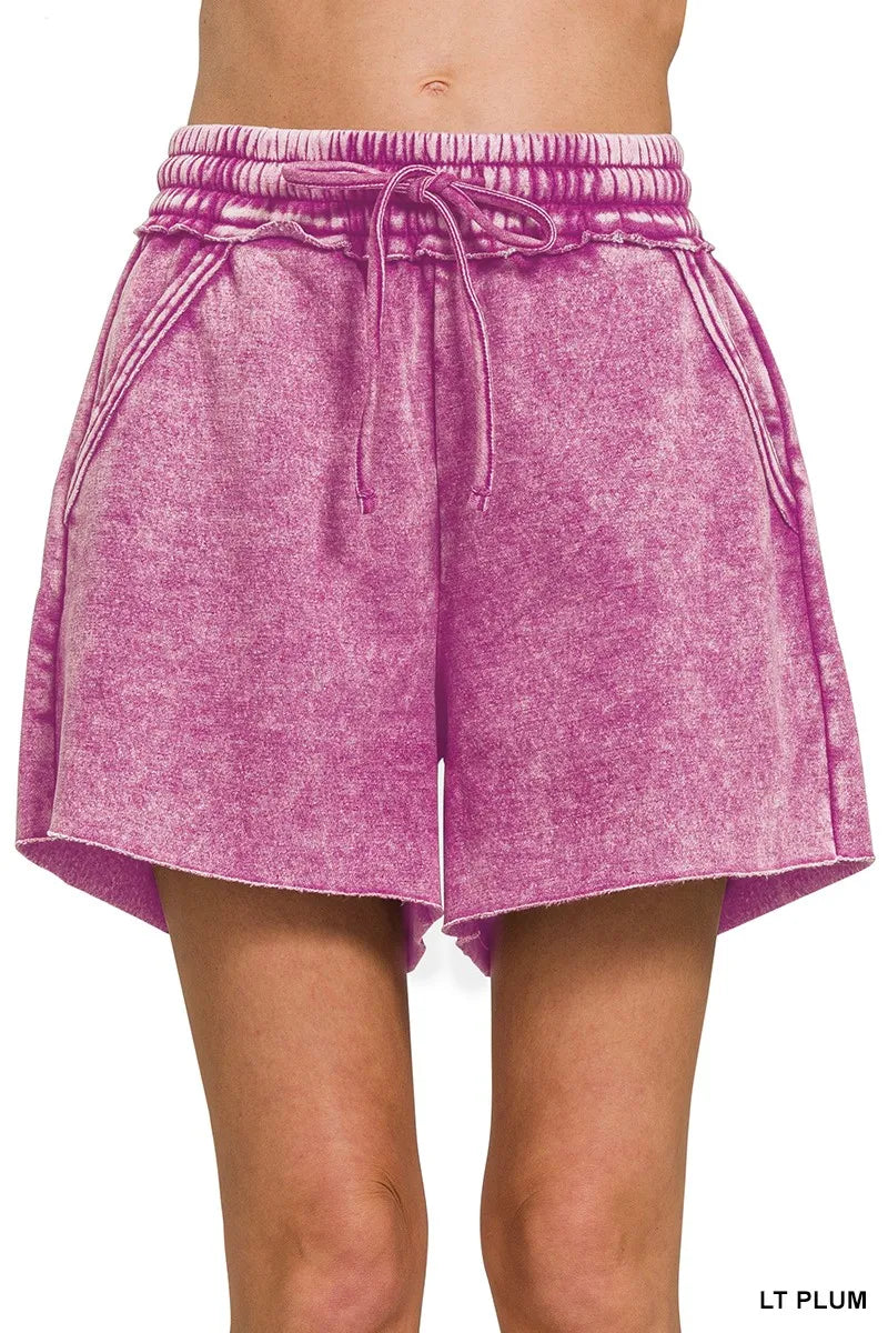 Zenana Fleece Shorts Plum Acid Wash Drawstring With Pockets Raw Hem LT PLUM 98882962f2fc4285a4b054be2dbc8b4d-Max-Origin Trendsi