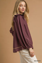 Umgee Womens Blouse Ruffle Shoulder Long Sleeve Red Bean Top 988877cc-d1fe-4bf2-88fe-2570c6297f29-Max-Origin Trendsi