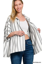 Zenana Shirt Woven Yarn-Dye White Black Stripe Oversized Short Sleeve Top 98ab757839574ae48c56deb800a8fe06-Max-Origin Trendsi