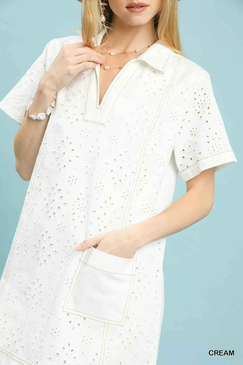 Umgee Shift Mini Dress Cream Eyelet Cotton Short Sleeve with Pocket 98b29311-f496-4a93-9a44-9978b29da261-Max-Origin Trendsi