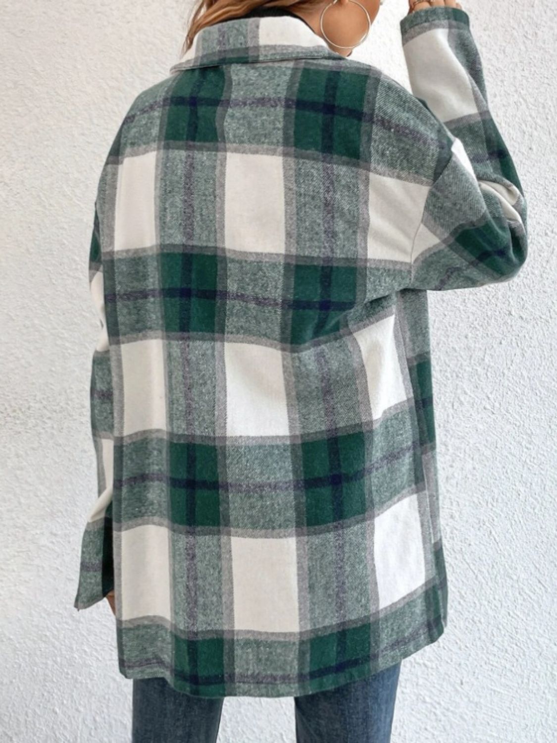 Women Plaid Shacket Turquoise Collared Neck Long Sleeve Jacket with Pockets