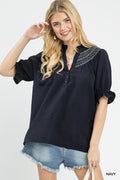 Umgee Textured Henley Blouse with Ruffle Cuffs