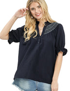 Umgee Textured Henley Blouse with Ruffle Cuffs