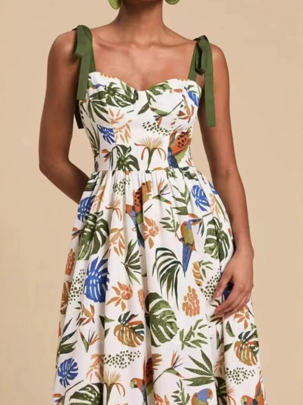 Floral Midi Dress Tropical Print Tie-Shoulder Sweetheart Neck Ruffled Green 98bdbcba-0ad8-4533-8800-66eaca9faa1f-Max-Origin Trendsi