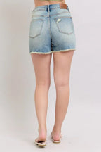 Judy Blue Denim Shorts High Rise Washed Fly Stitch Detail and Destroy 98be4dfbd2774a2fb86465585161027e-Max-Origin Trendsi