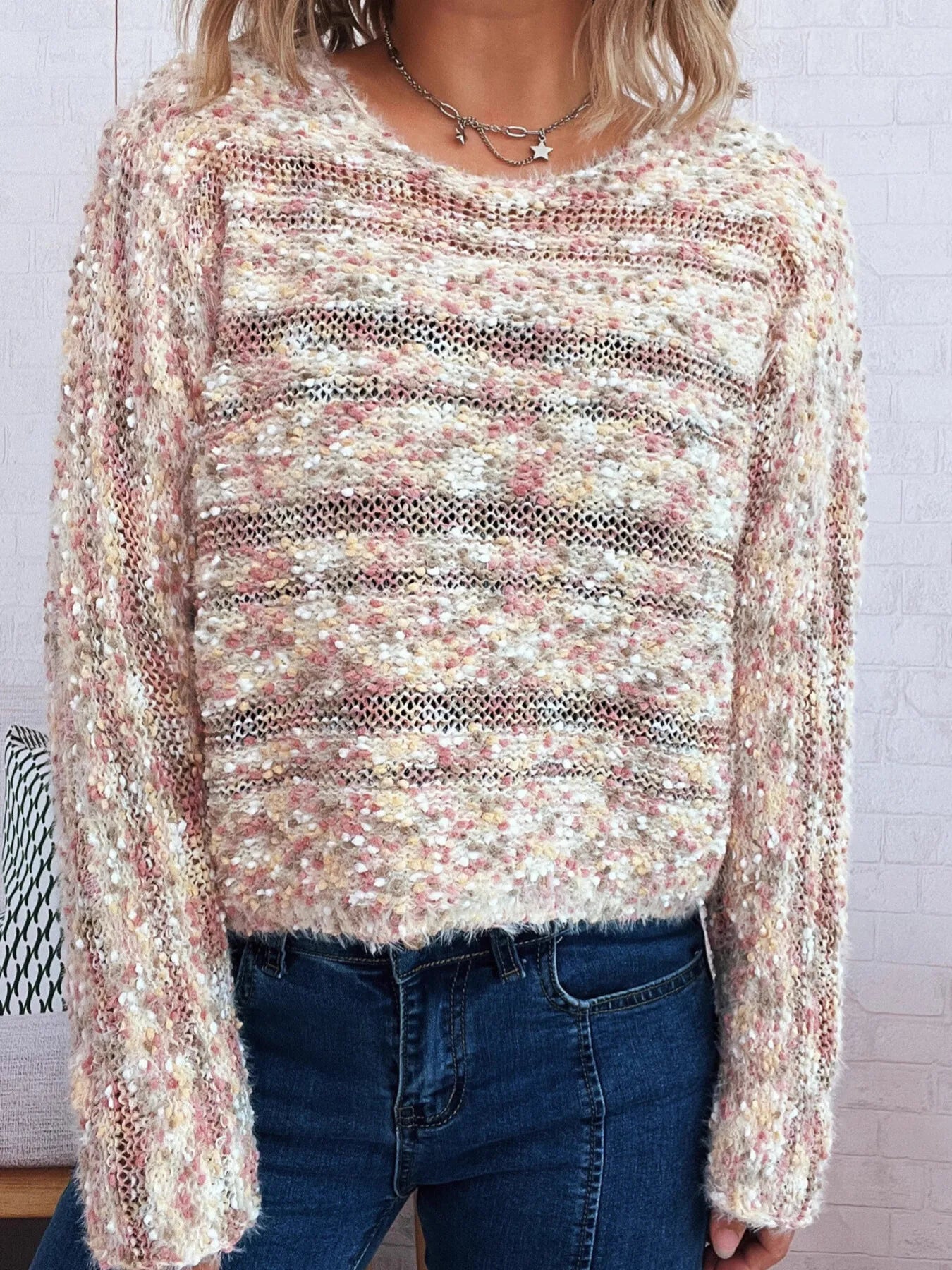 Women's Sweater Round Neck Long Sleeve Stripe Knit Lightweight & Comfortable 98c024f1bbca4fc094850ed060cbb4a8-Max-Origin Trendsi