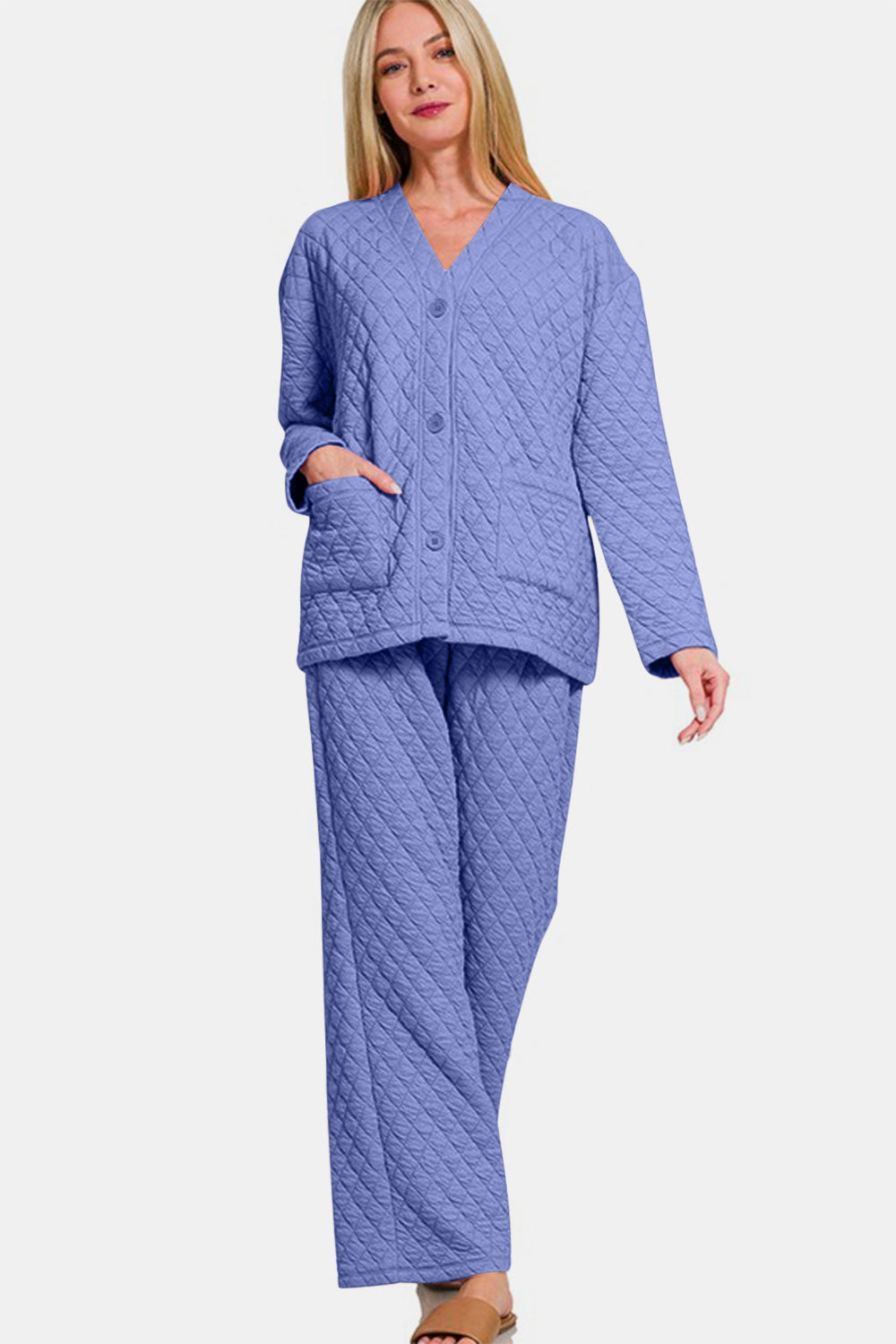 Zenana Quilted Lounge Set Blue Purple Long Sleeve Top Shirt and Pants Set