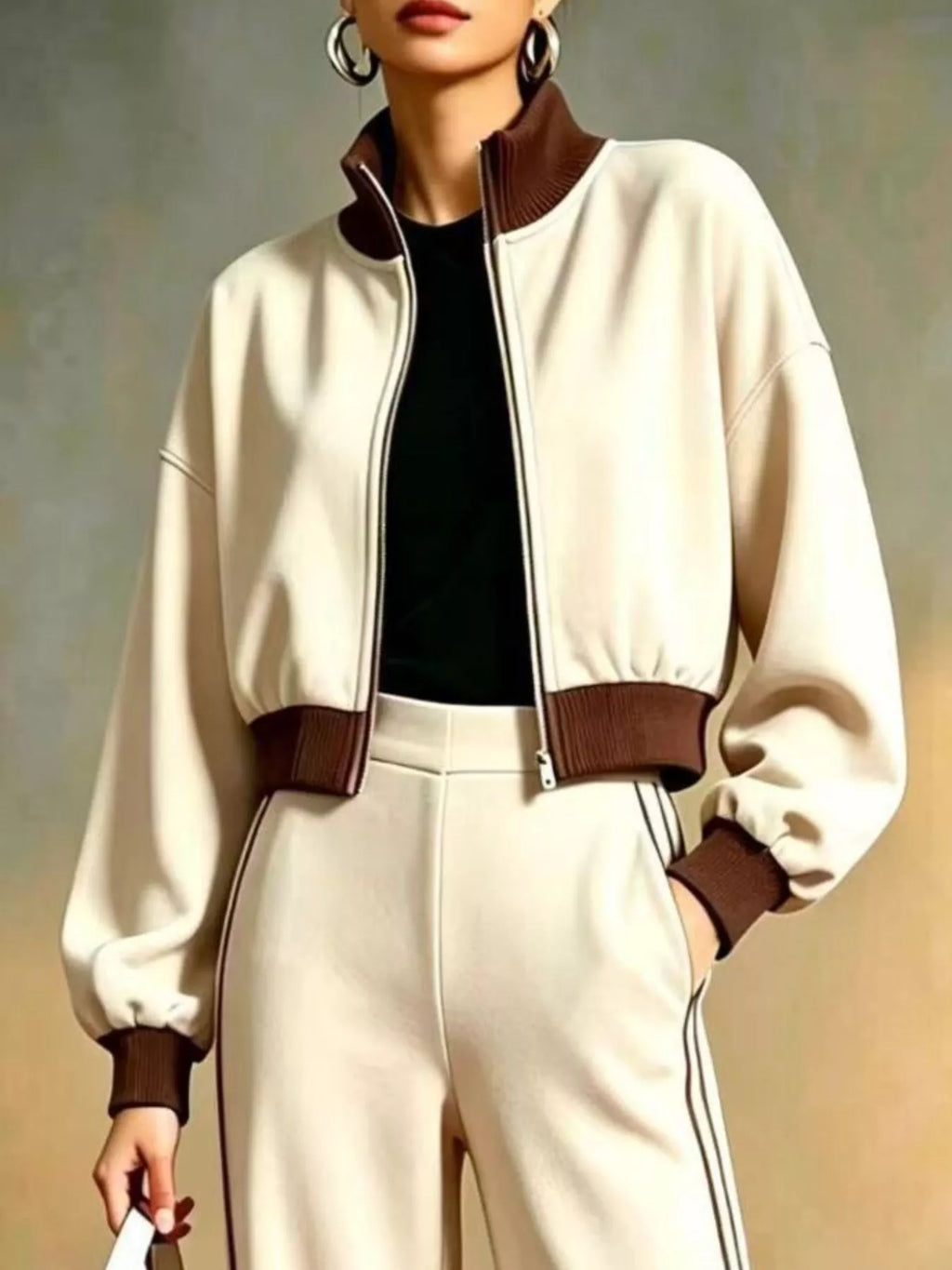 Primer plano de la chaqueta bomber crema con cremallera plateada y detalles ribeteados marrones oscuros
