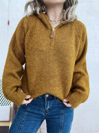 Women's Sweater Quarter Zip Hooded Ribbed Hem Long Sleeve Knitwear 98cb076463904682ab497e86d915f85b-Max-Origin Trendsi