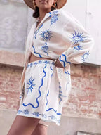 Women's Outfit Set Button Up Shirt Long Sleeve and Shorts White Blue 2 Pcs 98ccff60-3adc-4d10-83b6-0e705200799d-Max-Origin Trendsi