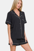 Zenana Lounge Set Black Button Down Short Sleeve Top and Shorts 2 Pcs 98d6c220-6baf-40fa-bccb-1def6f11a1cb-Max Trendsi