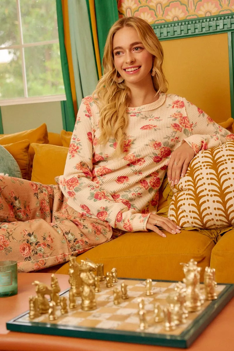 BiBi Womens Knit Top Floral Print Washed Waffle Thermal Blouse 98d9bb3c79d24c979ce0e9ca77280e74-Max-Origin Trendsi