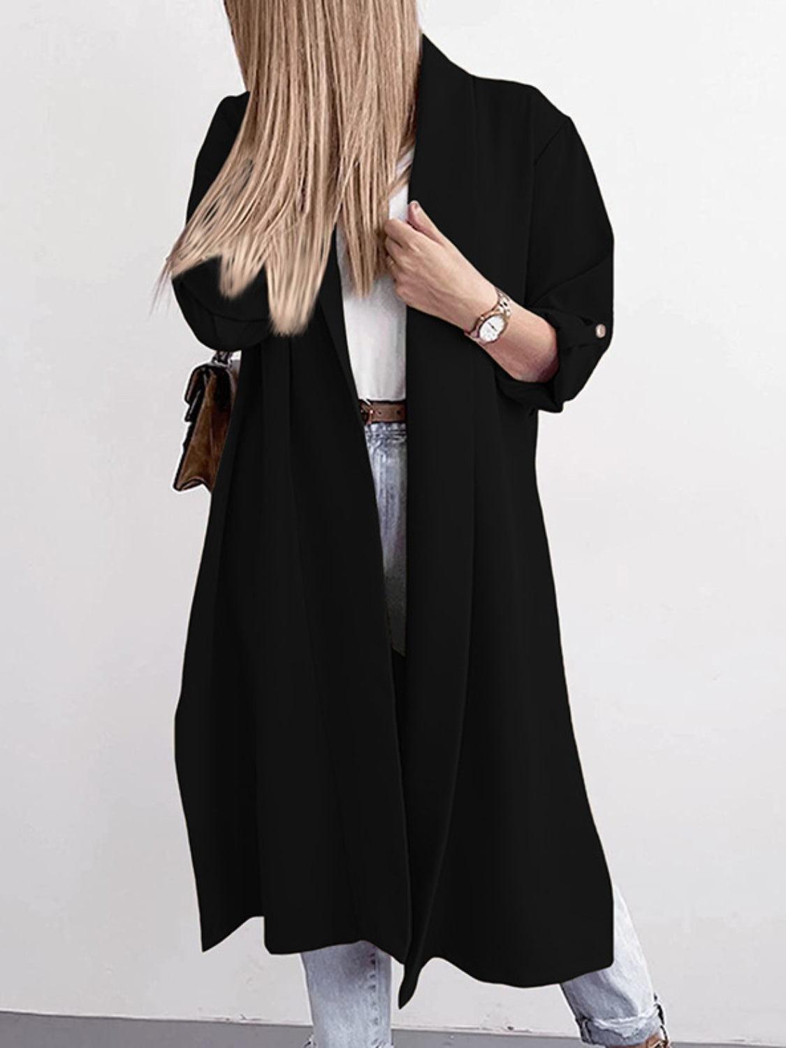 Trench Coat Slit Open Front Roll-Tab Sleeve Outwear Black 98e14dee-bc27-42b3-8771-c9d4d6c9d4f1-Max Trendsi