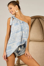 BiBi Top One Shoulder Tied Ribbon Blue Aztec Printed Woven Asymmetrical Blouse 98edec21d4f748b5851251647716119b-Max-Origin Trendsi
