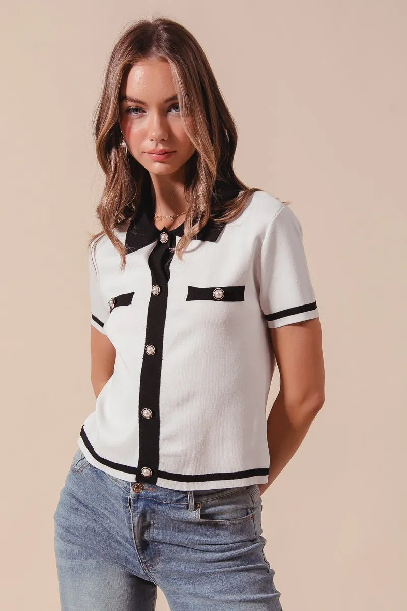 SO ME Sweater Shirt Top Classic Button Up Knitted Short Sleeve Ivory Black IVORY BLACK 98f061d484be4d4d9ad34f5e9c8fb004-Max-Origin Trendsi