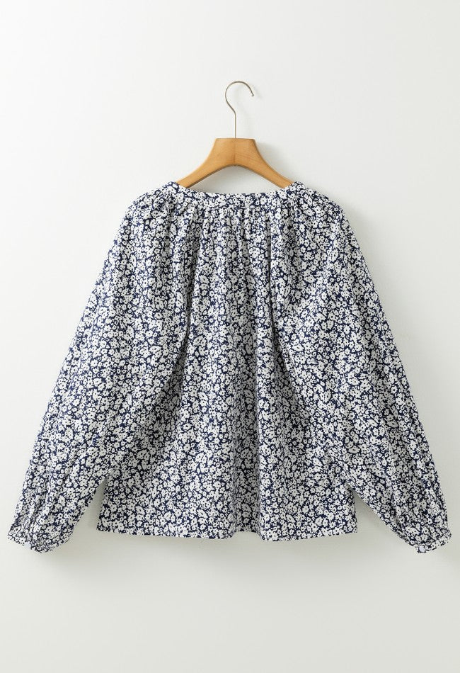 Women's Dusty Blue Floral Print Cotton Blouse Long Sleeve 98f3684d-d445-447c-a91b-e33d7b53ccf5-Max Trendsi