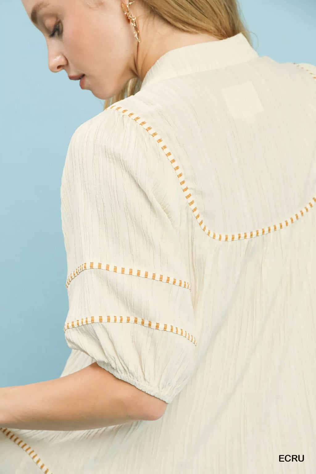 Umgee Womens Blouse Ecru Textured Short Sleeve Top with Contrast Trim 98fbc241-73df-4e3d-9954-bb199615eb8b-Max-Origin Trendsi