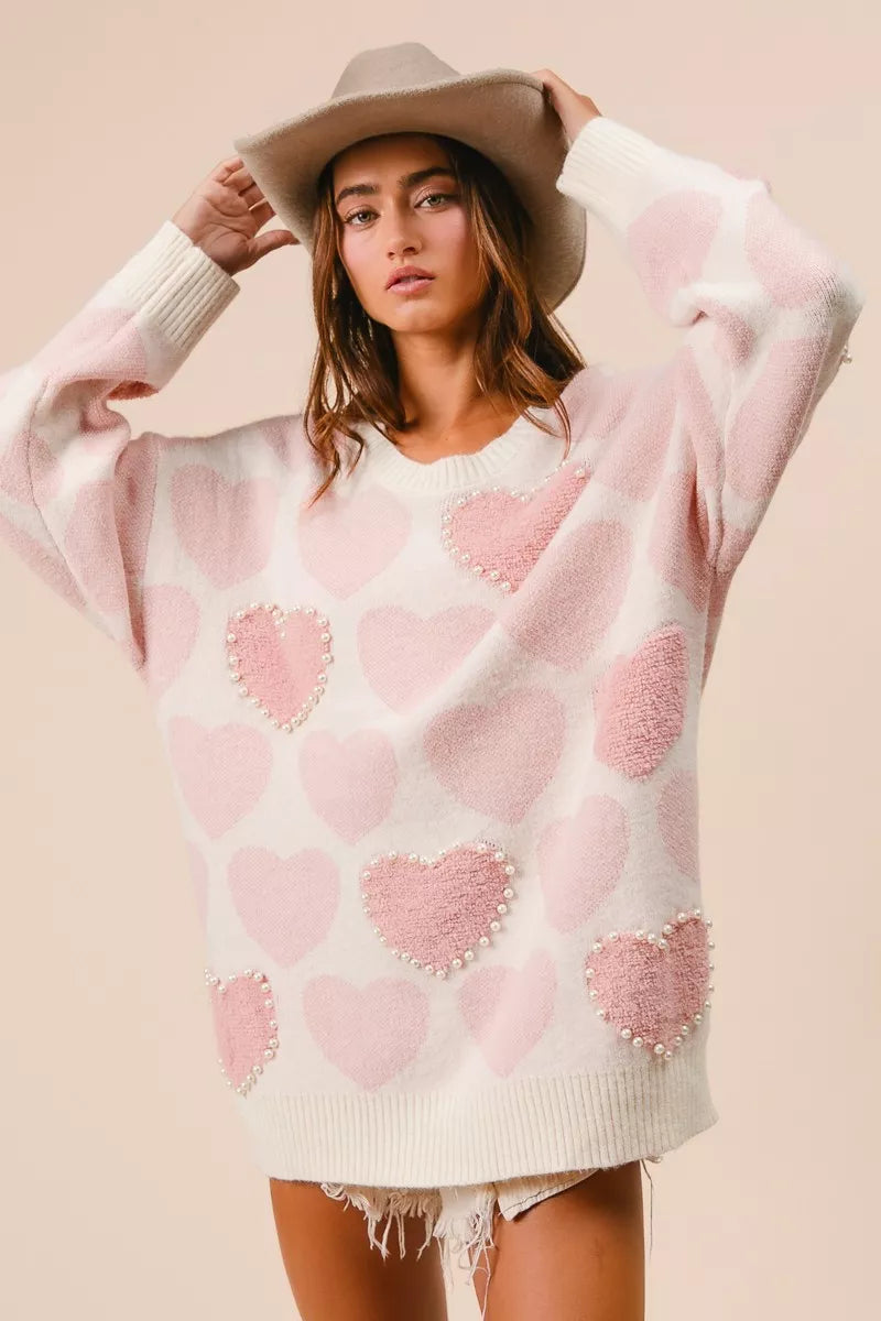 BiBi Womens Sweater Light Pink Heart Pattern with Pearl Detail 9907ccfc53e047db855b2fb23b0b7e34-Max-Origin Trendsi