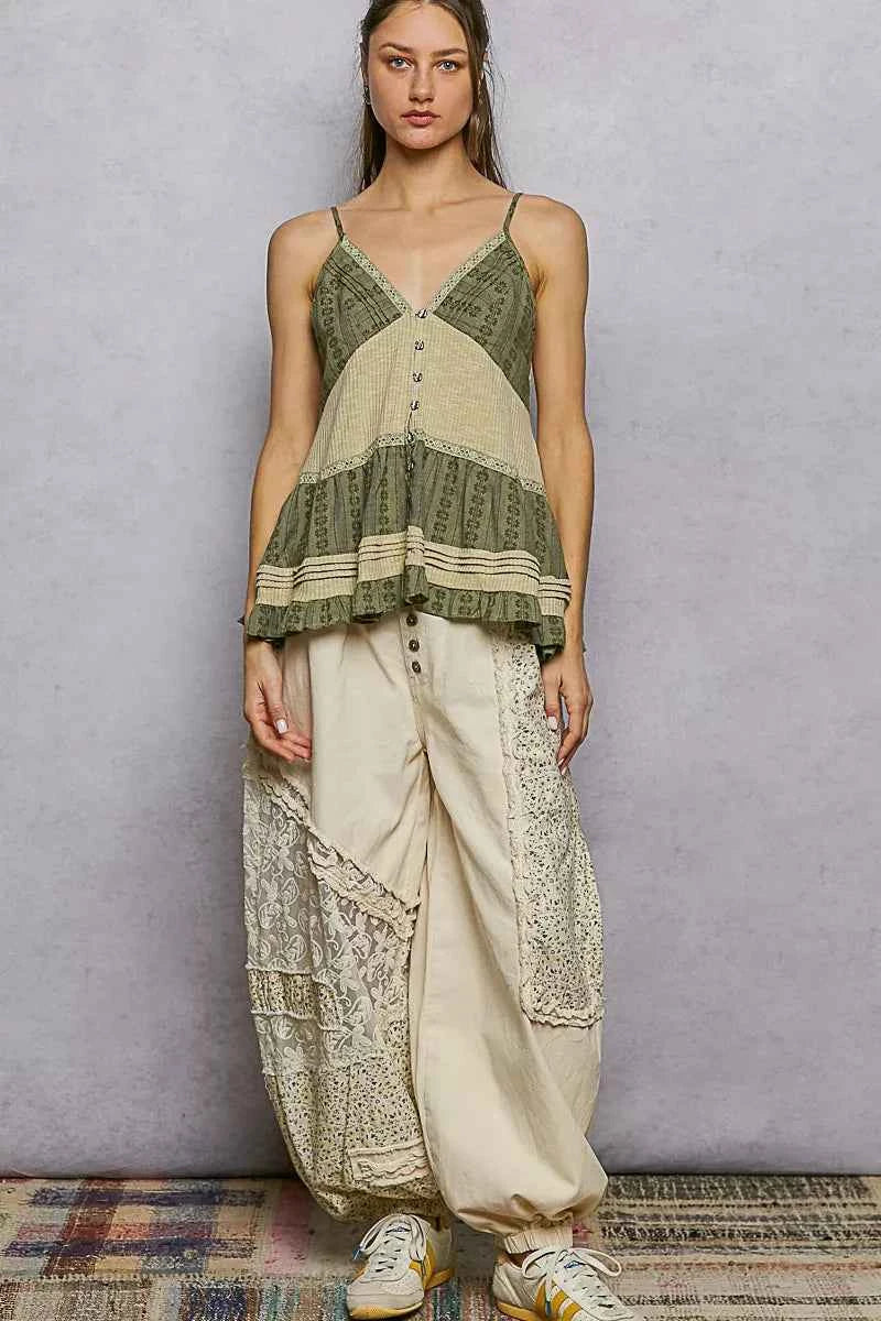 POL Button Front V-Neck Ruffled Cami with Pintuck Accents