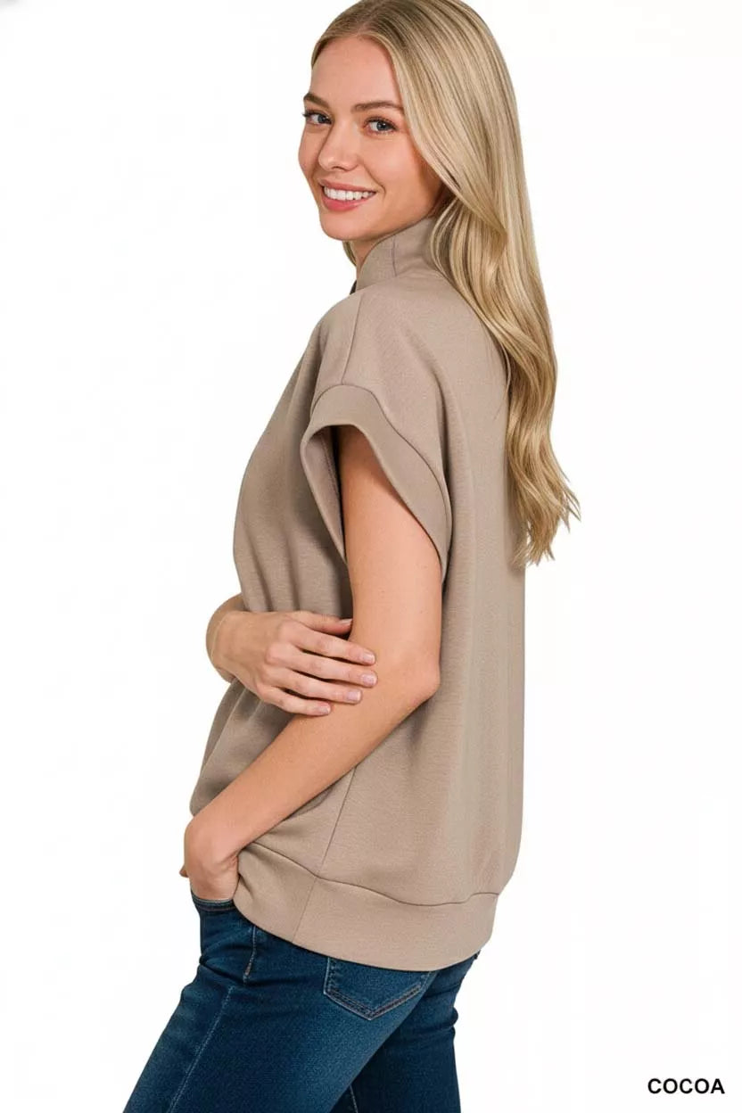 Zenana Womens Blouse Cocoa Scuba High Neck Half Zip Top Short Sleeve 990dedc7-4e1f-4a88-a508-e8e316d378b1-Max-Origin Trendsi