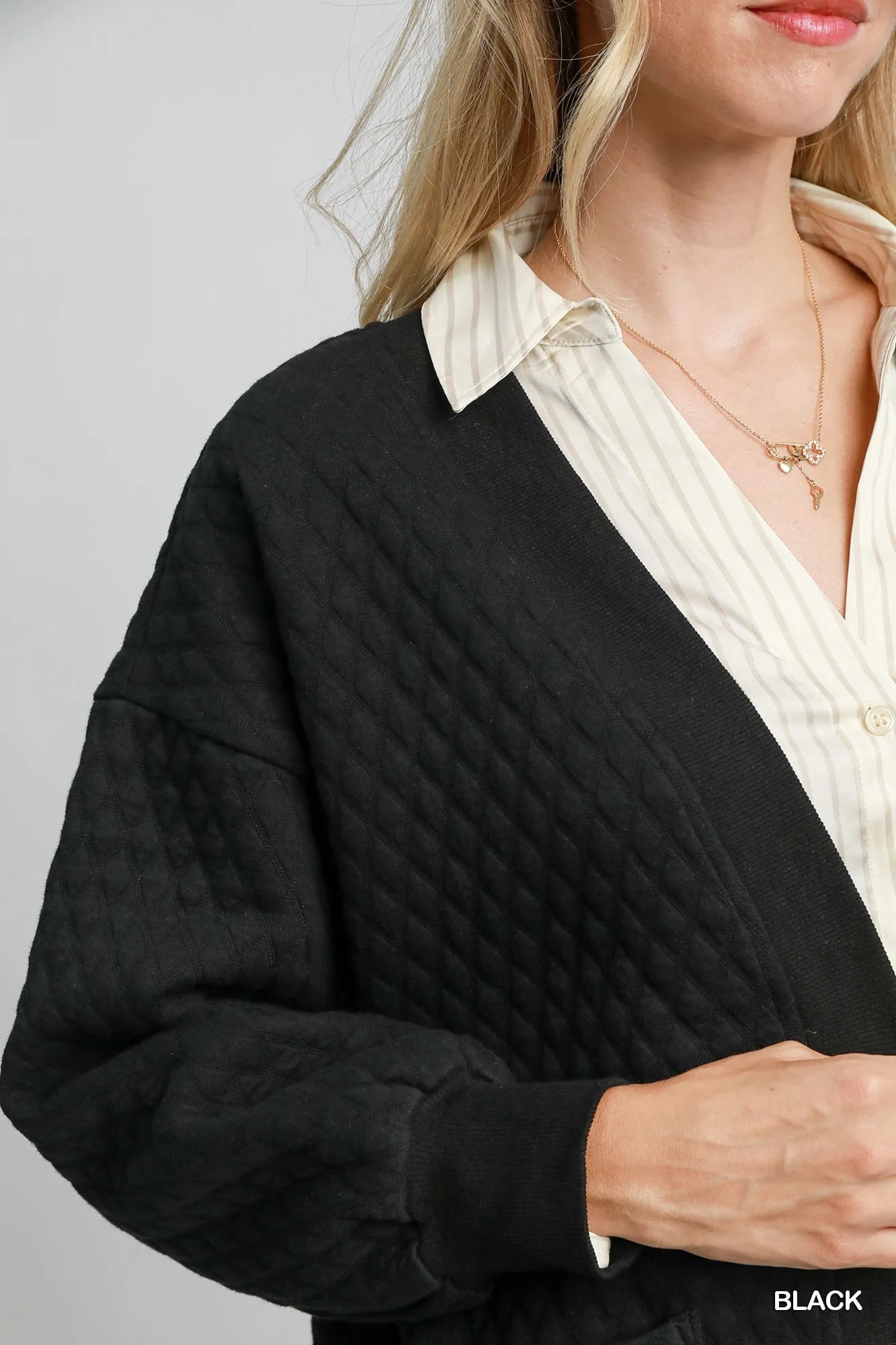 Umgee Jacquard Cardigan Black Women's Button-Up with Pockets 990f8f31-547a-492b-984c-08cfccca1311-Max-Origin Trendsi