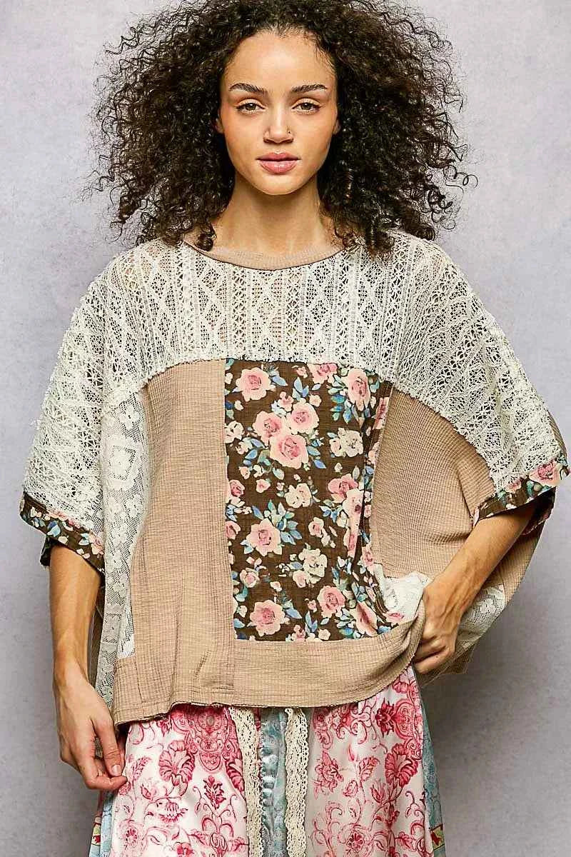 POL Floral Blouse Taupe Patchwork Lace Accent Top DRIED TAUPE 9916b0d6-b1de-49ba-857f-c60f8decebc5-Max-Origin Trendsi