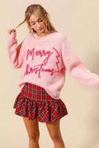 SO ME Womens Sweater Pink Merry Christmas Tinsel Lettering Pullover 991add6f57d8400ca6a9f810bced81e5-Max-Origin Trendsi