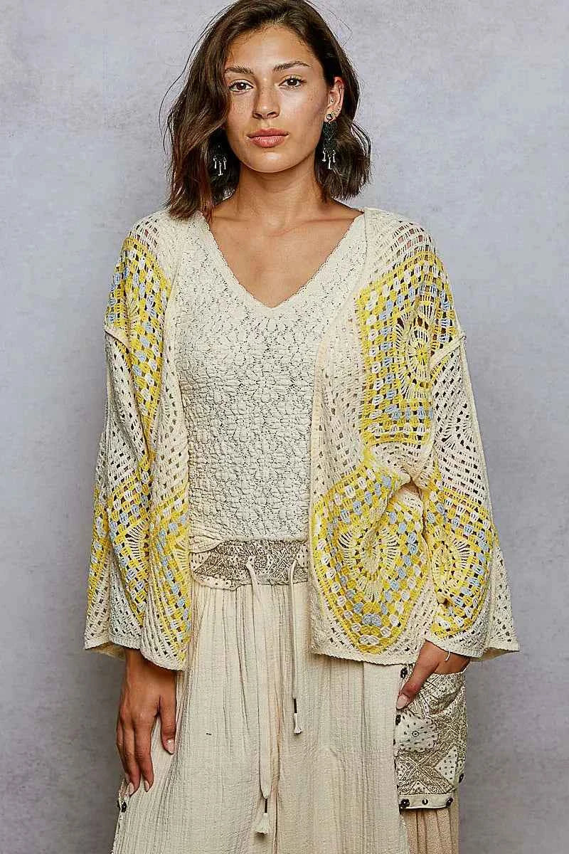 POL Crochet Cardigan Ivory Yellow Open Front with Granny Square Pattern IVORY YELLOW One Size 991c7810-2eef-4b6a-a6bd-58632397a05f-Max-Origin Trendsi
