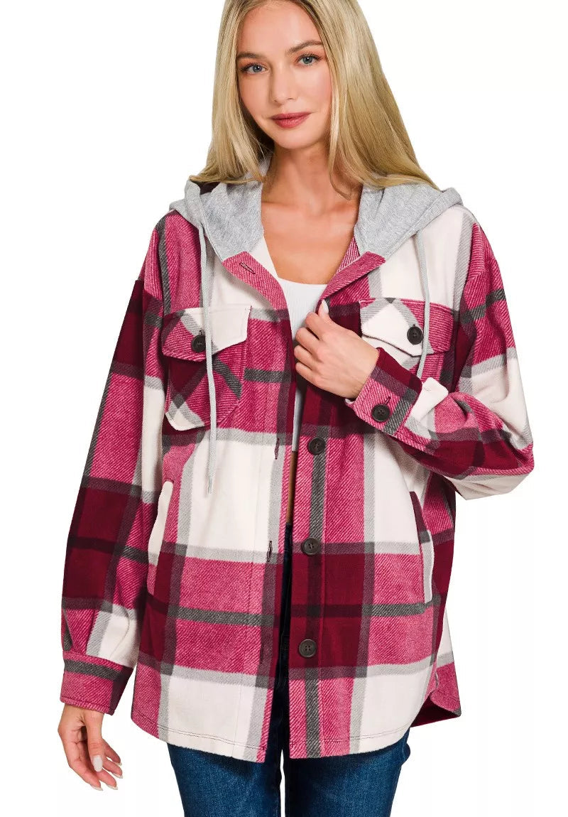 Zenana Plaid Drawstring Hooded Fleece Shacket CABERNET 991d8f02ac5f476591f071a9fc604d4b-Max-Origin Trendsi
