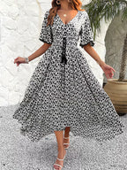 Women's Floral Midi Dress V-Neck Ruffle Short Sleeve Summer Fashion