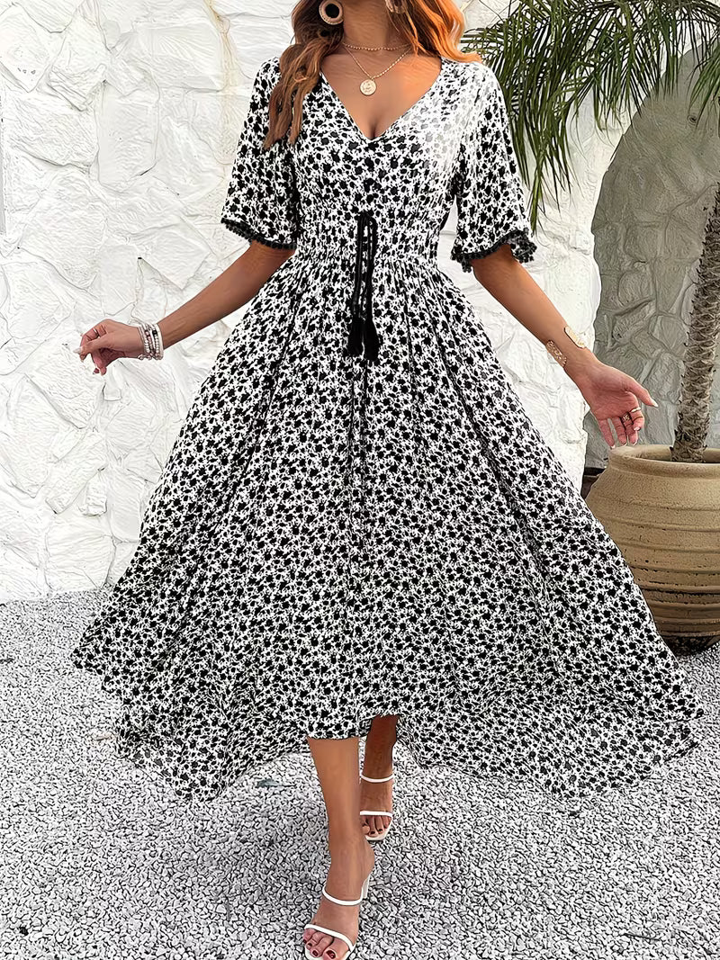 Women's Floral Midi Dress V-Neck Ruffle Short Sleeve Summer Fashion