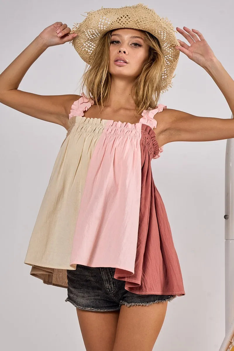 BiBi Babydoll Top Ruffle Frill Shoulder Strap Pink Color Block Bodice