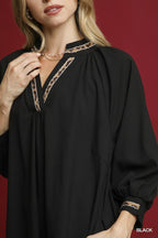 Umgee Short Shift Dress Black Notched Collar with Trim Lace Detail 3/4 Sleeve 9938e8f8-3670-4134-a08a-f46d2cb1d191-Max-Origin Trendsi