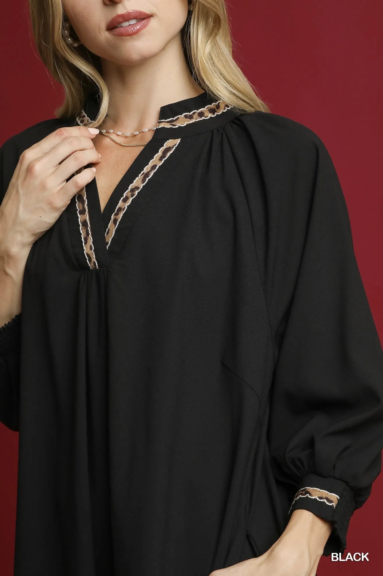 Umgee Short Shift Dress Black Notched Collar with Trim Lace Detail 3/4 Sleeve 9938e8f8-3670-4134-a08a-f46d2cb1d191-Max-Origin Trendsi