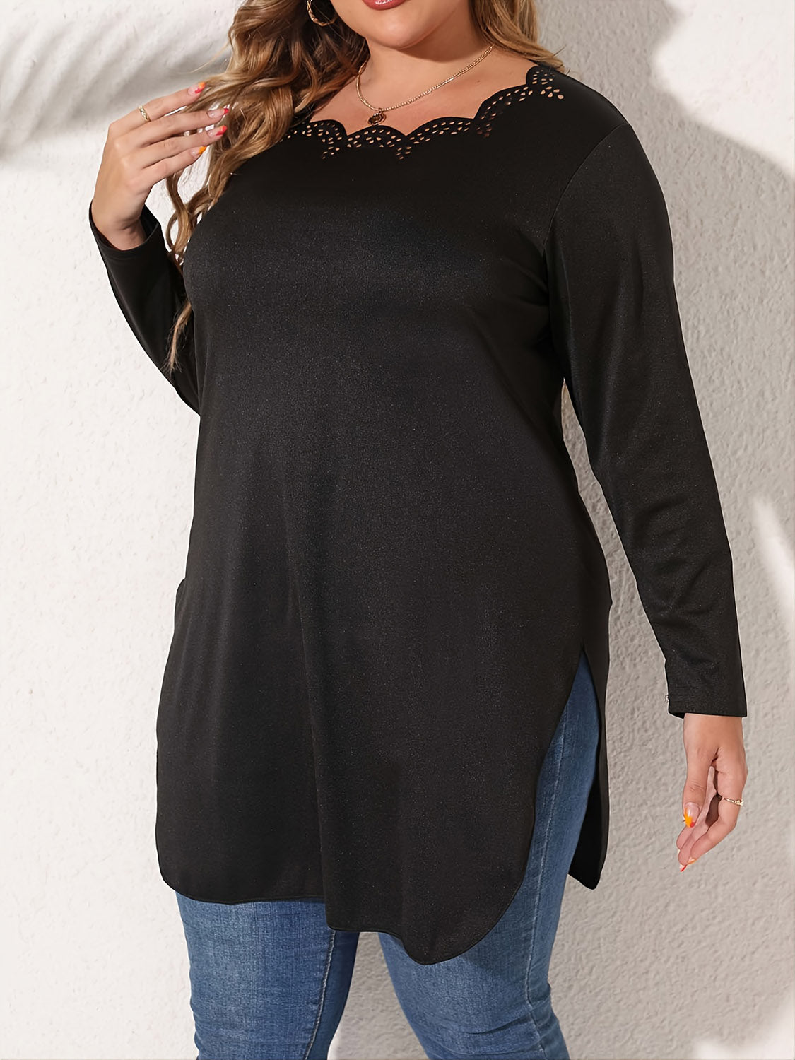 Plus Size Long Sleeve T-Shirt with Side Slits