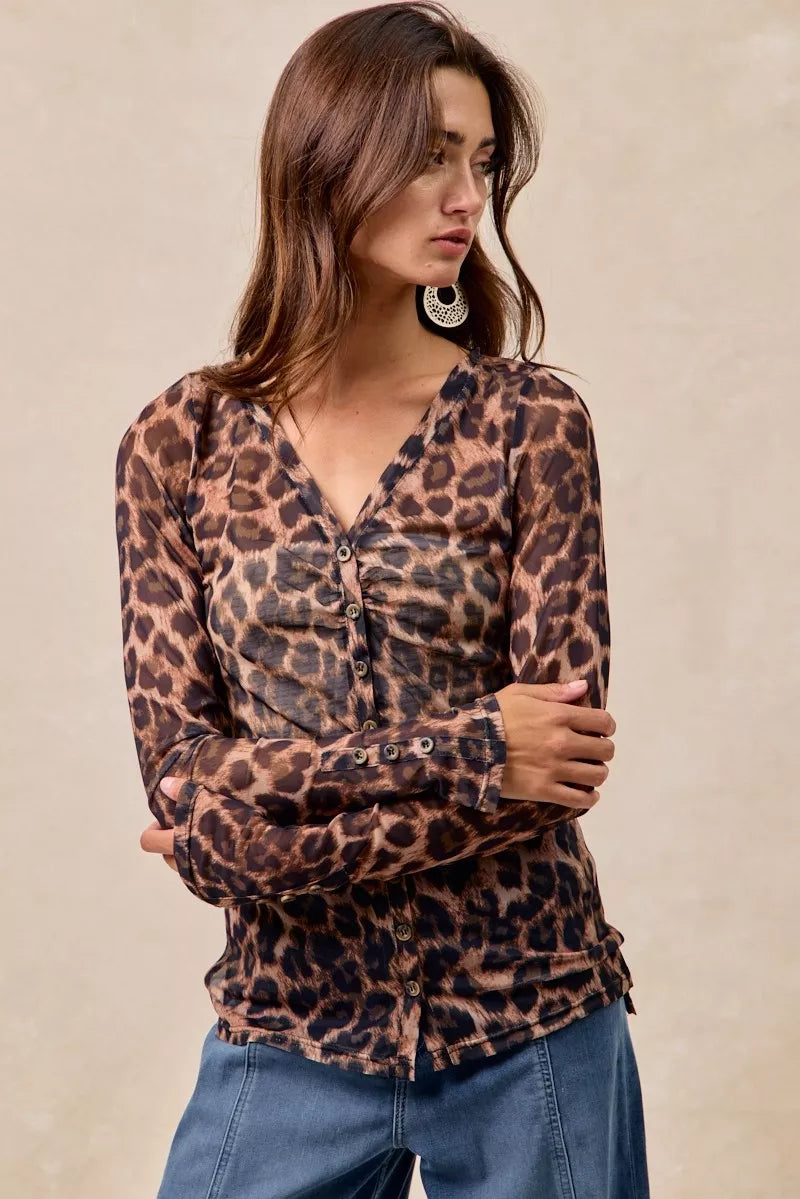 BiBi Women's Shirt Leopard Printed Mesh With Button Up V Neck Long Sleeve 993c7c010cfb47159ae82059ebd62a4c-Max-Origin Trendsi