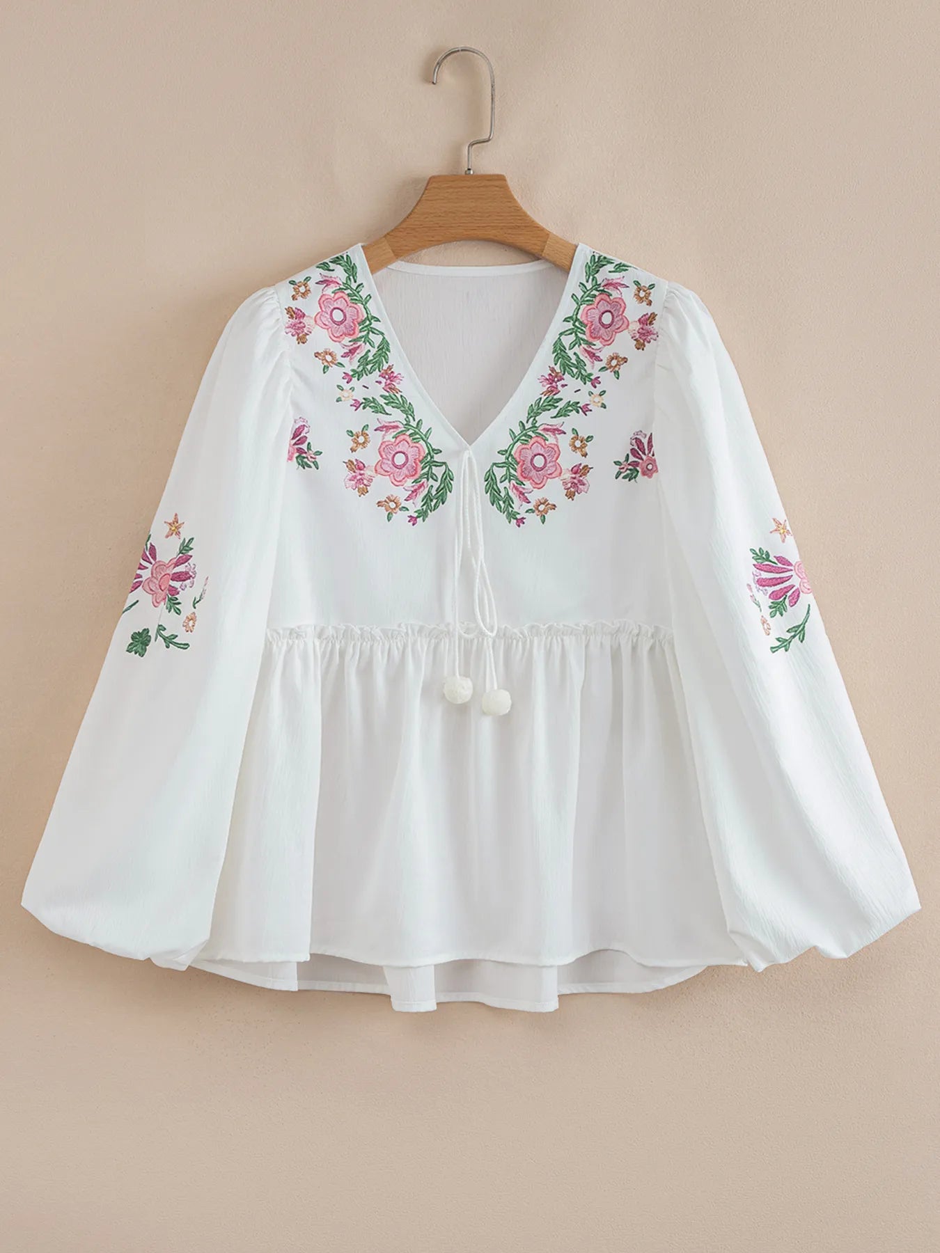 Women's Babydoll Blouse Flower Embroidered V Neck Tied White Long Sleeve Top 9943fb484ada4aa6a13ff9295355c359-Max-Origin Trendsi