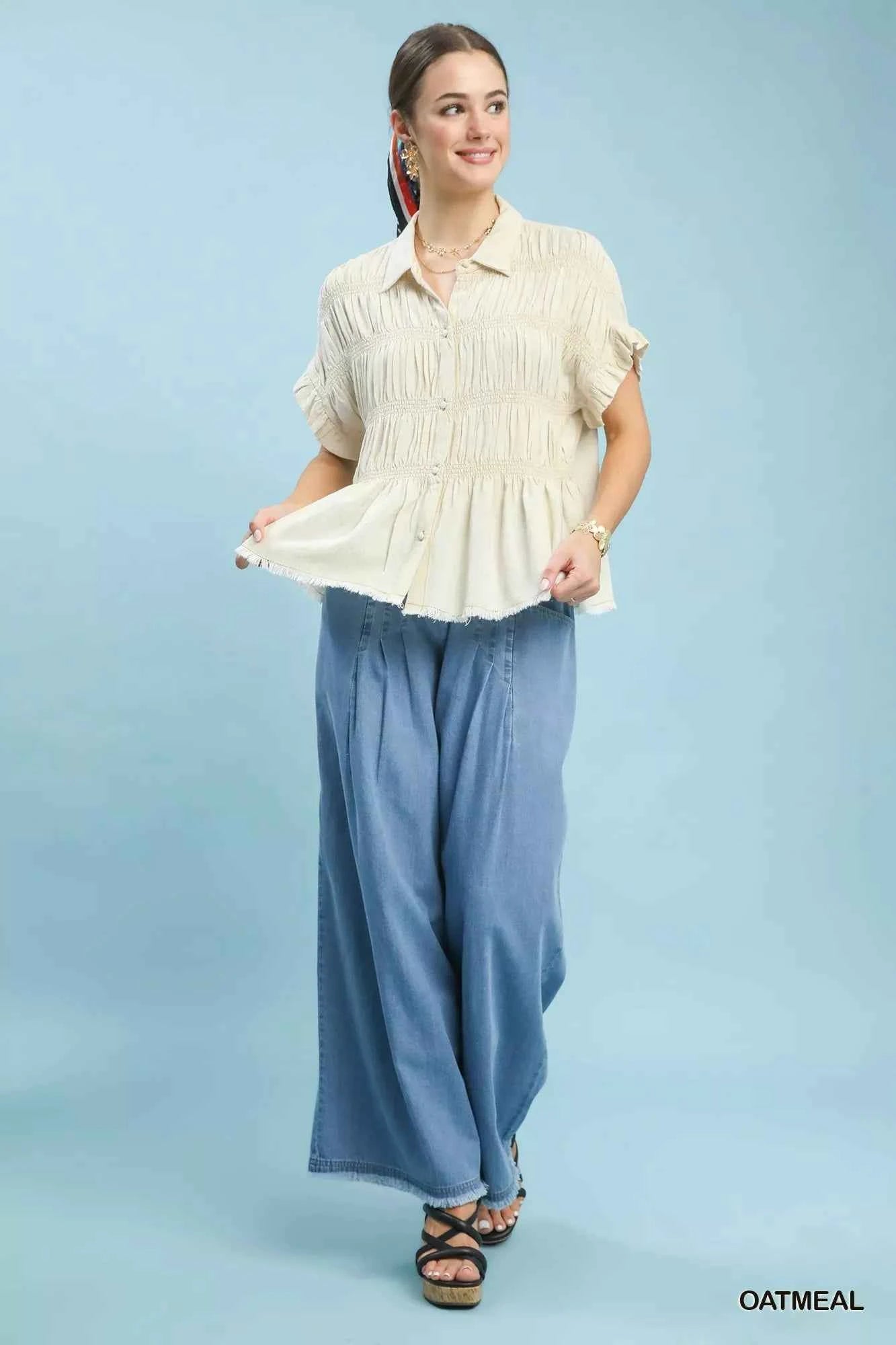 Umgee Washed Linen Blend Smocked Shirt