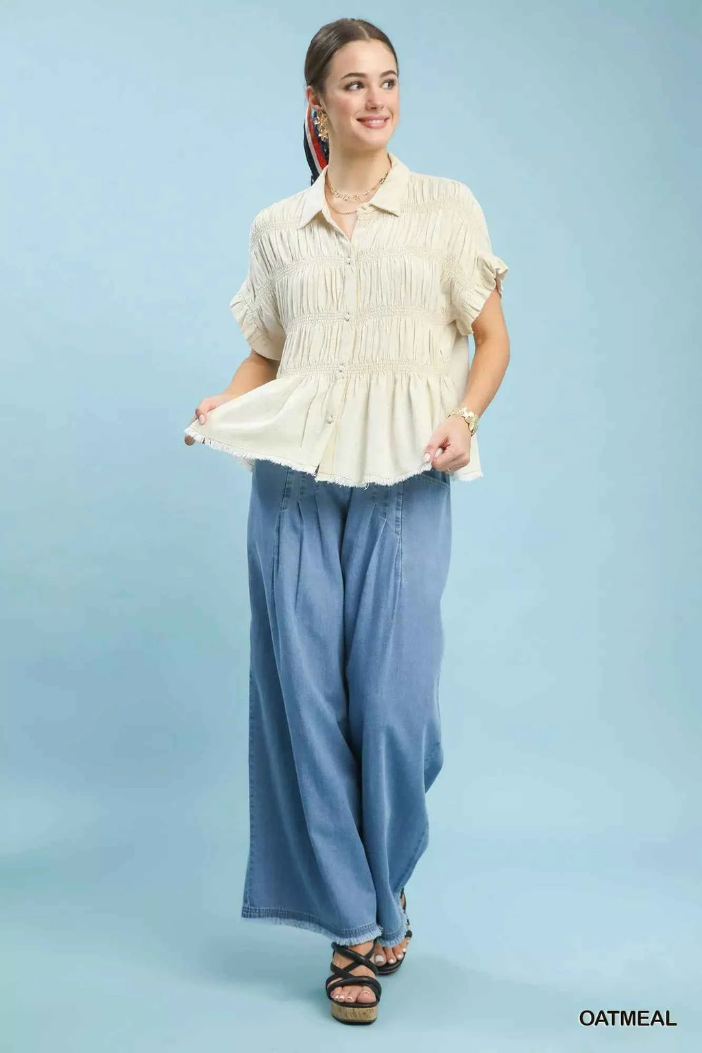 Umgee Washed Linen Blend Smocked Shirt