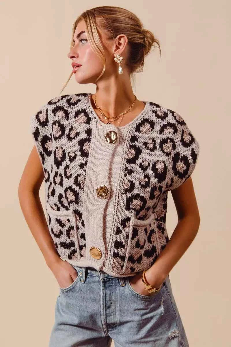 SO ME Big Metal Button Front Leopard Sweater Vest Top