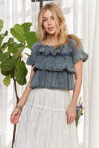ADORA Ruffle Blouse Denim Washed Layered Short Puff Sleeve Top 99485f041dde4860ac92b285d6650c57-Max-Origin Trendsi